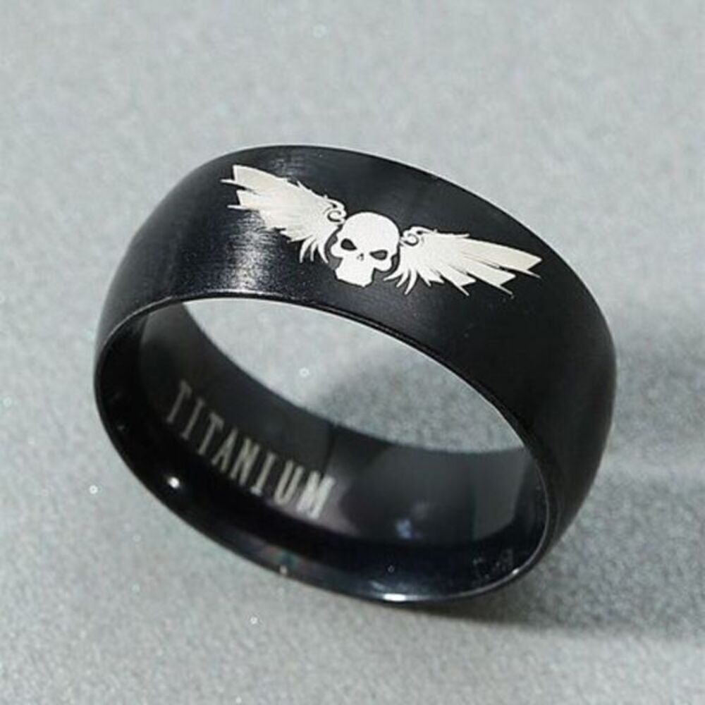 Titanium Fashion Black Skull Wings Ring size 9